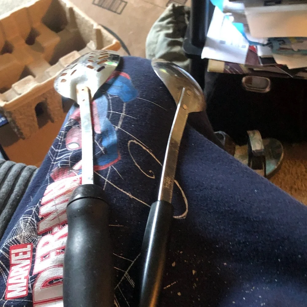 Pair of Metal Kitchen Spoons - Silver with Black & White Handles
